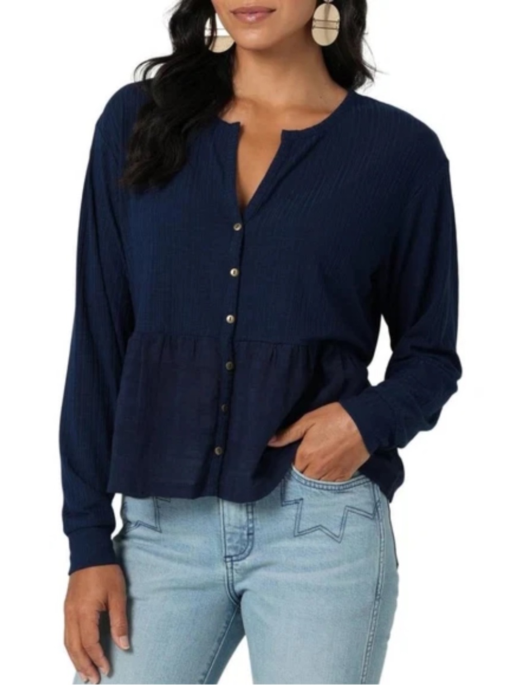 Wrangler Retro Shirt Navy Blue Button Down Long Sleeve Ruffle Women’s Size XXL